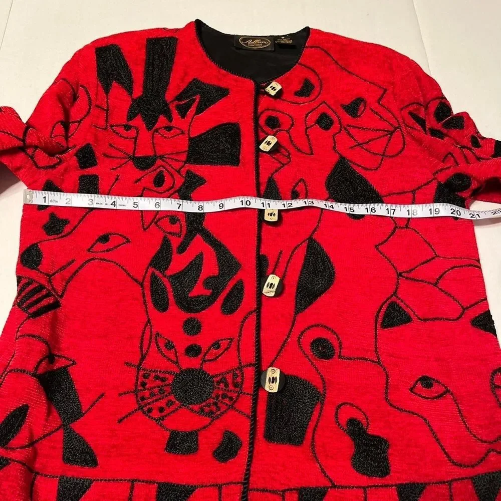 Allure Boutique VTG Black Cat Animal Jacket Embroidered Red‎ Jacket Women Small
